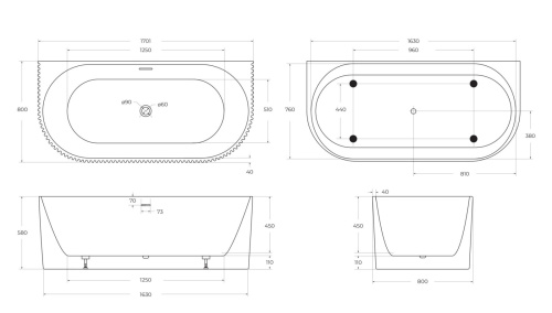 Ванна акриловая BelBagno BB713-1700-800 170х80 пристенная овальная с ножками - фото 2