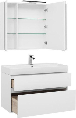Комплект мебели: тумба с раковиной + зеркало-шкаф Aquanet Бруклин 00207800 100x44x141 напольный/подвесной цвет белый - фото 2