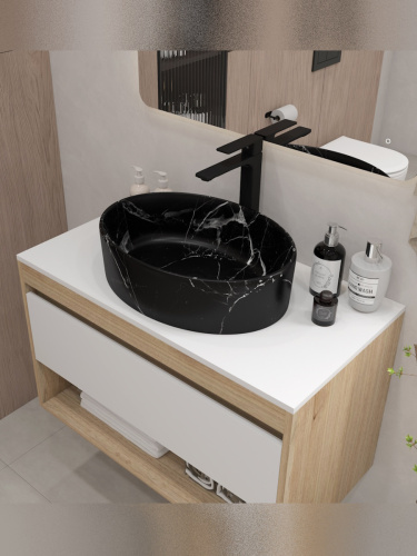 Раковина из сантехнического фарфора Teymi Lori T50485 51х36 накладная цвет черный мрамор без отверстий под смеситель - фото 4