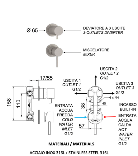 Смеситель для душа Remer X Style Inox SSX93P встраиваемый в стену нержавеющая сталь - фото 2