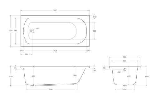 Ванна акриловая Cezares ECO ECO-155-70-41-W37 155х70 пристенная прямоугольная без каркаса - фото 2