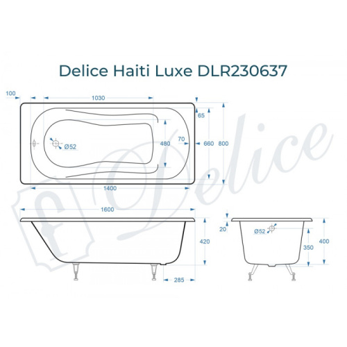 Ванна чугунная Delice Haiti Luxe DLR230637 160х80 пристенная прямоугольная без ножек - фото 2
