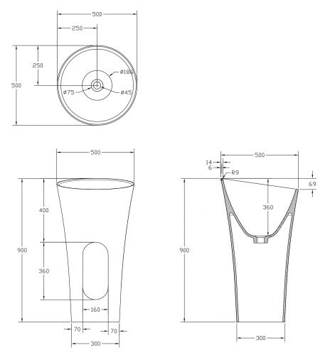 Раковина из искусственного камня Abber STEIN AS2509-H 50х50 напольная цвет белый матовый без отверстий под смеситель - фото 3
