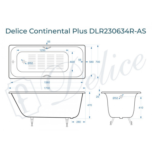 Ванна чугунная Delice Continental PLUS DLR230634R-AS 170х70 пристенная прямоугольная без ножек с отверстиями под ручки - фото 2