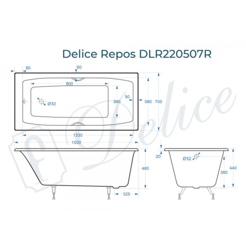 Ванна чугунная Delice Repos DLR220507R 150х70 пристенная прямоугольная без ножек с ручками - фото 2