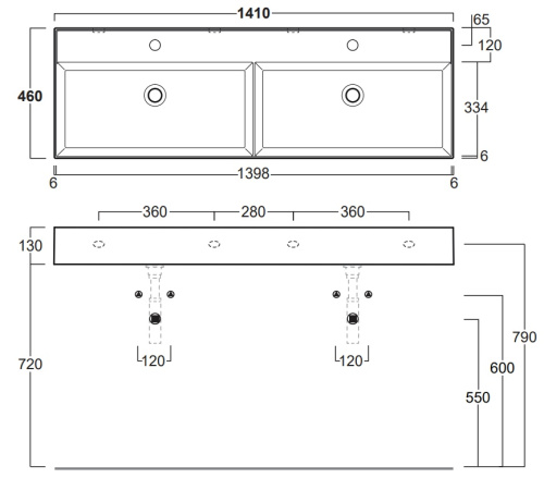 Раковина керамическая Simas Agile 141 см AG141D bi*2 подвесная цвет белый 1 отверстие под смеситель - фото 2