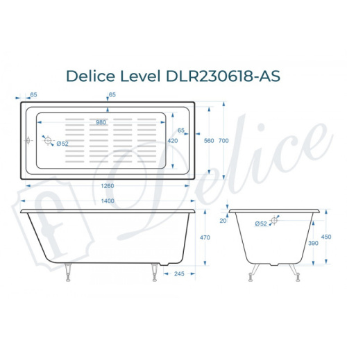 Ванна чугунная Delice Level DLR230618-AS 140х70 пристенная прямоугольная без ножек с антискользящим покрытием - фото 2