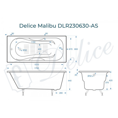 Ванна чугунная Delice Malibu DLR230630-AS 170х80 пристенная прямоугольная без ножек с антискользящим покрытием - фото 2