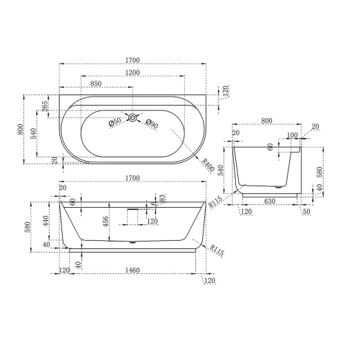Ванна акриловая Vincea VBT-621B 170х80 отдельностоящая овальная - фото 3