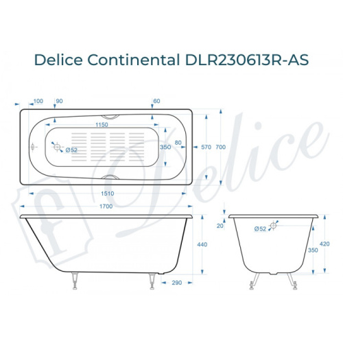 Ванна чугунная Delice Continental DLR230613R-AS 170х70 пристенная прямоугольная без ножек с отверстиями под ручки - фото 2