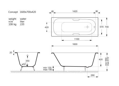 Ванна чугунная Vinsent Veron Concept VCO1607042H/VH0012BR 160х70 пристенная прямоугольная с ножками с ручками - фото 4