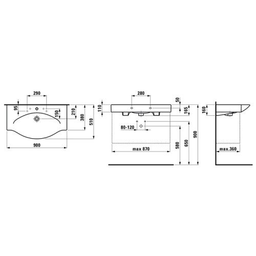 Раковина керамическая Laufen Palace 90 см 8.1170.2.000.104.R подвесная цвет белый 1 отверстие под смеситель - фото 2