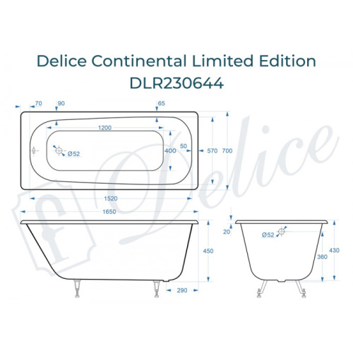 Ванна чугунная Delice Continental Limited Edition DLR230644 165х70 пристенная прямоугольная без ножек - фото 2