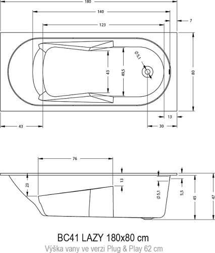 Ванна акриловая Riho LAZY B081001005 180х80 пристенная прямоугольная без ножек - фото 2