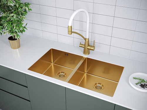 Кухонная мойка Paulmark GERBERG 78/2 UNI PM237844-BG 35х39 цвет брашированное золото поверхность матовая - фото 3