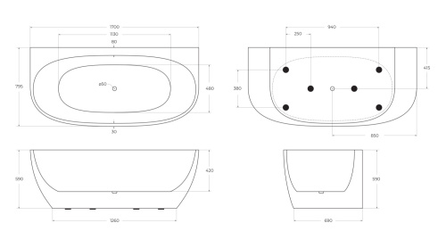 Ванна акриловая BelBagno BB83-1700-W0 170х80 пристенная овальная с ножками - фото 3