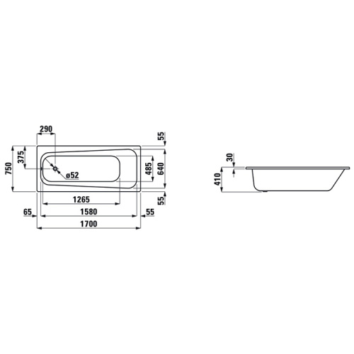 Ванна стальная Laufen Pro 2.2595.3.600.040.1 170х75 встраиваемая прямоугольная без ножек - фото 2