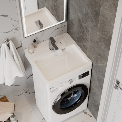 Раковина из литьевого мрамора Teymi Kati Pro T50410 60х58 над стиральной машиной цвет белый 1 отверстие под смеситель - фото 2