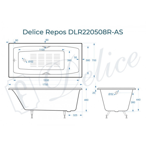 Ванна чугунная Delice Repos DLR220508R-AS 170х70 пристенная прямоугольная без ножек с ручками - фото 2