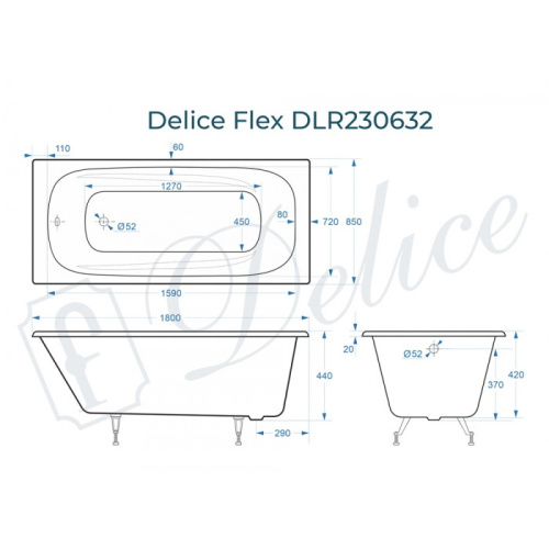 Ванна чугунная Delice Flex DLR230632 180х85 пристенная прямоугольная без ножек - фото 2