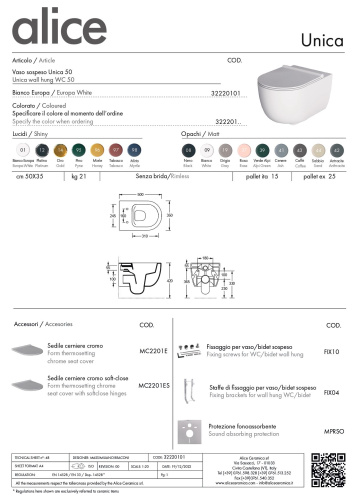 Унитаз подвесной Alice Unica 32220101 белый глянцевый с сиденьем безободковый - фото 3