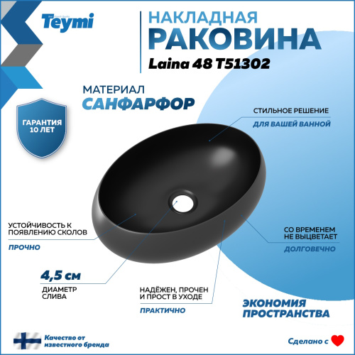 Раковина из сантехнического фарфора Teymi Laina T51302 49х34 накладная цвет черный матовый без отверстий под смеситель - фото 2