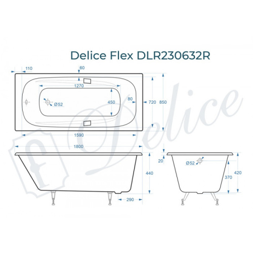 Ванна чугунная Delice Flex DLR230632R 180х85 пристенная прямоугольная без ножек с отверстиями под ручки - фото 2