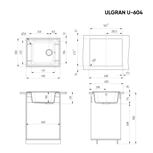 Кухонная мойка Ulgran Classic U-604-308 59х50 цвет черный - фото 2
