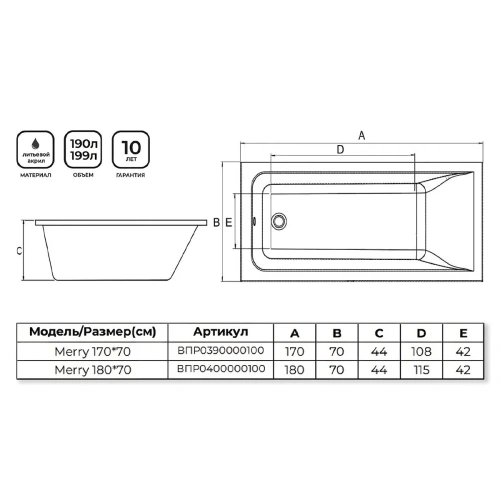 Ванна акриловая Alba Spa MARRY ВПР0390000100 170х70 пристенная прямоугольная без ножек - фото 2