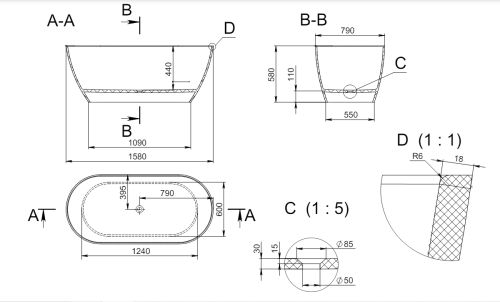 Ванна из искусственного камня Holbi VENUS NEW 1.01.002.11.1 158х79 отдельностоящая овальная - фото 4