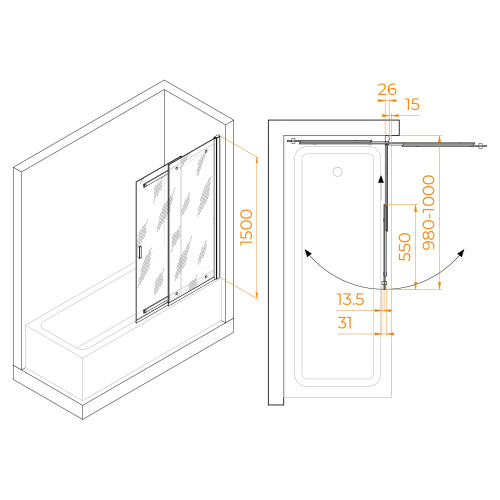 Душевая шторка на ванну RGW Screens 03114410-11 100х150 стекло прозрачное профиль хром глянцевый ориентация универсальная - фото 2