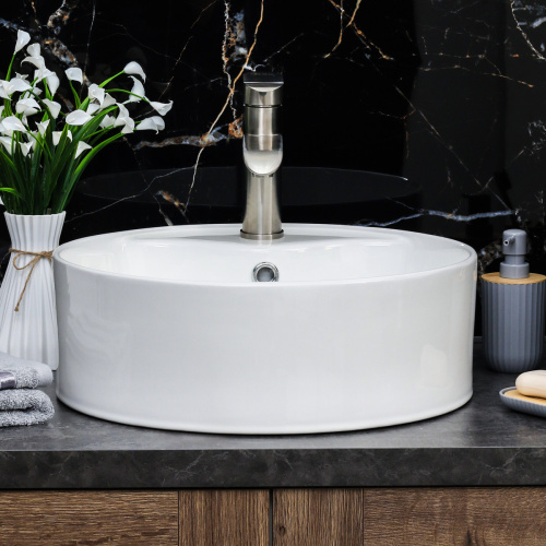 Раковина из сантехнического фарфора Melana 7026-805 47х47 накладная цвет белый 1 отверстие под смеситель - фото 4