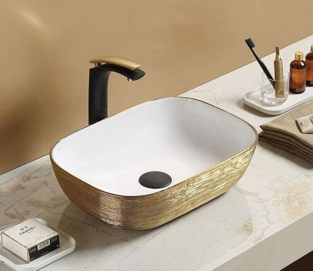 Раковина из сантехнического фаянса CeramaLux D1333H132 50х30 накладная цвет белый/медь без отверстий под смеситель
