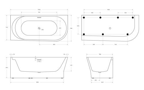 Ванна акриловая BelBagno BB410-1700-780-L 170х78 пристенная овальная с ножками - фото 3