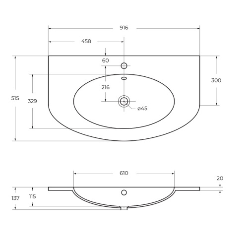 Раковина из искусственного камня Cezares EDEN 50177 92х52 подвесная цвет белый 1 отверстие под смеситель - фото 2