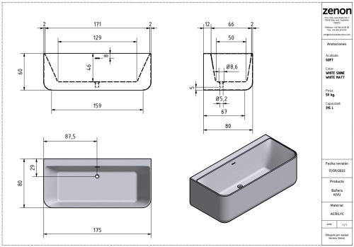 Ванна акриловая Zenon Kivu Wall 4000.000.000.000.23350 175х80 пристенная прямоугольная - фото 2