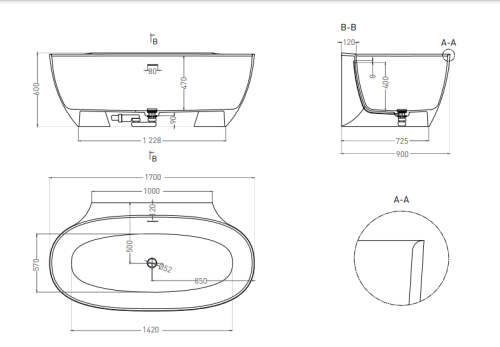 Ванна из литьевго мрамора Salini ALDA WALL 101915G 170х90 пристенная асимметричная - фото 4