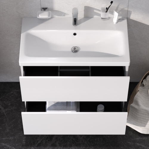 Комплект мебели: тумба 75x42x58 + раковина + смеситель + зеркало + аксессуары Am.Pm Gem BK90GA подвесной цвет белый/хром/серебристый - фото 5