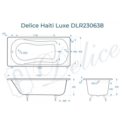 Ванна чугунная Delice Haiti Luxe DLR230638 170х80 пристенная прямоугольная без ножек - фото 2