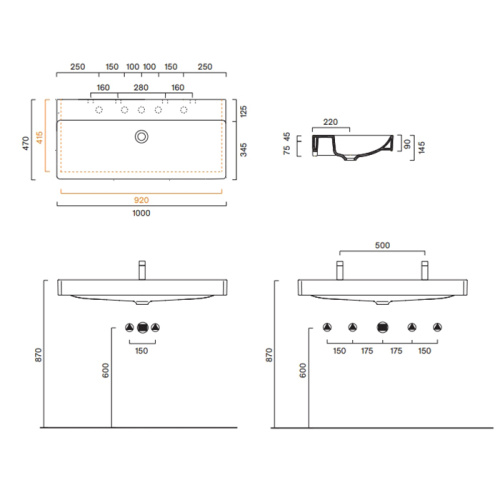 Раковина керамическая Catalano Green 100 см 421000001 подвесная цвет белый без отверстий под смеситель - фото 2