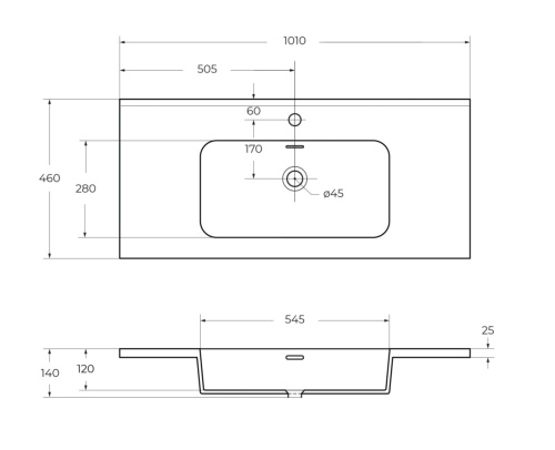 Раковина из искусственного камня Cezares 50170 101х46 подвесная цвет белый 1 отверстие под смеситель - фото 2