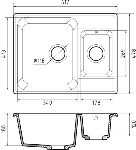 Кухонная мойка Granfest Quarz 09 черный 62х48 цвет черный поверхность матовая - фото 3