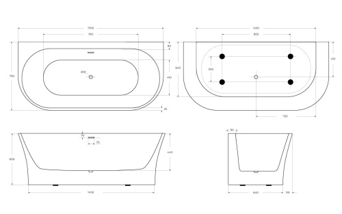 Ванна акриловая BelBagno BB711-1700-750 170х75 пристенная овальная с ножками - фото 4