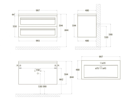 Тумба под раковину Art&Max PLATINO AM-Platino-1000-2C-SO-GCM 100х48х55 подвесная цвет светло-серый матовый - фото 4