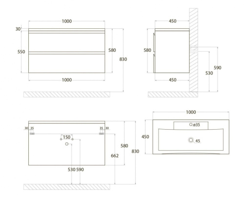 Тумба под раковину Art&Max BIANCHI AM-Bianchi-1000-2C-SO-BM 100х48х55 подвесная цвет белый матовый - фото 4