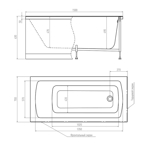 Ванна акриловая Timo RITTA RITTA1570 150х70 пристенная прямоугольная без каркаса - фото 2