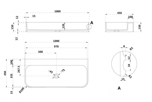 Раковина из искусственного камня Abber STEIN AS2651-1.0 100х45 подвесная цвет белый матовый без отверстий под смеситель - фото 4