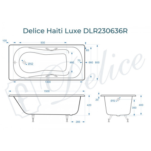Ванна чугунная Delice Haiti Luxe DLR230636R 150х80 пристенная прямоугольная без ножек с отверстиями под ручки - фото 2