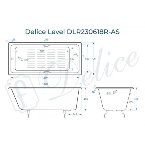 Ванна чугунная Delice Level DLR230618R-AS 140х70 пристенная прямоугольная без ножек с отверстиями под ручки - фото 2