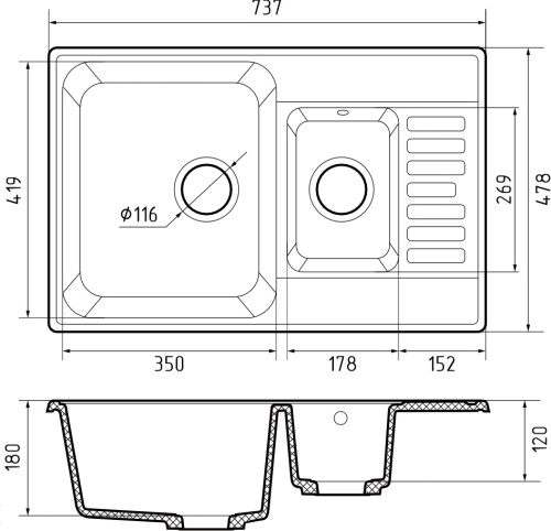 Кухонная мойка Granfest Quarz 21К песочный 74х48 цвет бежевый поверхность матовая - фото 3